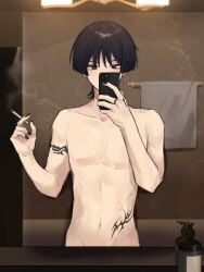 1boy artist_request blue_hair cigarette cigarette_smoke genshin_impact half-closed_eyes half_naked masculine mirror mirror_reflection mirror_selfie painted_nails phone photo scaramouche_(genshin_impact) selfie smoking solo solo_focus solo_male tattoo tattooed_arm