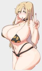 1girls bikini black_bikini blonde_female blonde_hair breasts ear_piercing earrings female floral_print flower_print halterneck kitagawa_marin large_breasts leebongchun long_fingernails long_hair long_nails necklace peace_sign portrait red_eyes red_fingernails red_nails solo sono_bisque_doll_wa_koi_wo_suru thick_thighs thighs v