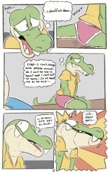 absurd_res alligator alligatorid anthro blush clothed clothing comic crocodile crocodilian crocodylid dialogue duo english_text genitals green_body hi_res male male/male nude penis reptile scalie simple_background smile sodacaps solo speech_bubble tail teeth text