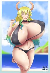 1girls azraelwebster big_breasts bikini bikini_bottom bikini_top black_bikini blonde_hair blush breasts cleavage closed_eyes female female_only hair hat headwear horns huge_breasts large_breasts long_hair massive_breasts mature mature_female mature_woman miss_kobayashi's_dragon_maid quetzalcoatl_(dragon_maid) solo solo_female swimsuit swimwear thighs two_tone_hair