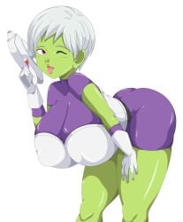 1girls big_breasts breasts cheelai dragon_ball dragon_ball_super_broly dragon_ball_z green-skinned_female green_skin gun huge_breasts solo tongue_out toshiso white_hair