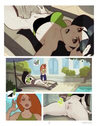 2d 2d_(artwork) 2girls black_hair bottomless breasts comic comic_page commando curvaceous curvy curvy_body curvy_female curvy_figure detailed_background disney exposed_pussy female female_focus female_only going_commando green_eyes hi_res high_resolution highres hornyx kim_possible kimberly_ann_possible multiple_girls page_1 page_number red_hair shego sunglasses thick_thighs wide_hips yuri