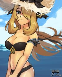 1girls beach blonde_hair bra breasts cynthia_(pokemon) female female_only hair_over_one_eye nintendo orlek pokemon solo swimsuit