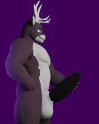 3d 3d_(artwork) anthro antlers anxiousanxiety balls big_penis black_penis deer ear_piercing furry furry_ears gay genitals hand_on_hip hi_res holding holding_penis hooves huge_cock huge_penis looking_down male male_only muscular naked nude penis piercing purple_eyes reno_(anxiousanxiety) smile smiling tagme tongue tongue_out