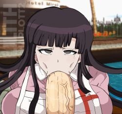 1girls :>= beauty_mark blowjob clothed_female clothing danganronpa danganronpa_2:_goodbye_despair fellatio lilithcharlott2 looking_at_viewer pov purple_eyes purple_hair tsumiki_mikan