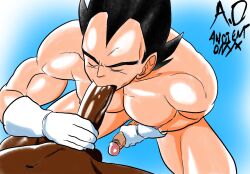 2boys ancient-onyx balls big_penis blowjob boner closed_eyes dark-skinned_male dark_skin dragon_ball dragon_ball_z erection gay gloves handjob interracial male male_only masturbation muscles nude oral penis saiyan vegeta widow's_peak