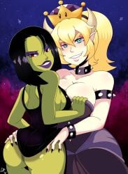 2girls armlet ass ass_grab back banjo-kazooie bare_arms bare_shoulders black_dress black_hair black_nails blonde_hair blue_eyes bowsette bracelet breasts brown_horns claws cleavage clothes_lift collar collarbone colored_skin couple crossover crown cute_fang dalley-the-alpha dalley_le_alpha dress dress_grab dress_lift earrings eastern_and_western_character eyeshadow from_behind game_over_gruntilda gradient_background green_skin gruntilda gruntilda_winkybunion hair_between_eyes half-closed_eyes head_tilt highres horns interspecies jewelry large_breasts lips lipstick long_hair looking_at_viewer looking_back makeup mario_(series) medium_breasts monster_girl multiple_girls nail_polish naughty_face neck new_super_mario_bros._u_deluxe nintendo parted_lips pointy_ears ponytail purple_lips rareware red_eyes short_hair sideboob smile spiked_armlet spiked_bracelet spiked_collar spikes standing strapless strapless_dress super_crown super_mario_bros._1 teeth witch yuri