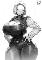 1girls android android_18 belt belt_buckle blue_eyes clothed_female dragon_ball dragon_ball_z earrings fully_clothed giant_breasts hand_on_hip hourglass_figure huge_breasts humanoid hyper_thighs jacket jeans massive_thighs monochrome muscular_female neutral_expression scratches selective_color short_hair shounen_jump simple_background six_pack tall_female taller_girl thegoldensmurf thick_thighs thunder_thighs tight_clothing wide_hips