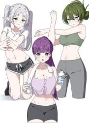 armpits bare_arms bare_belly bare_legs bare_thighs belly_button big_breasts blush body_blush breasts cleavage closed_mouth cropped_shirt elf feet fern_(sousou_no_frieren) frieren green_eyes green_hair green_sports_bra groin kayuu_(hikentai0112) long_hair medium_breasts on_knees parted_lips pointy_ears ponytail purple_eyes purple_hair purple_shirt shirt shorts smile socks sousou_no_frieren sports_bra sportswear stretching_arms sweat sweaty_body thighs towel towel_around_neck twintails ubel_(sousou_no_frieren) white_hair white_shirt