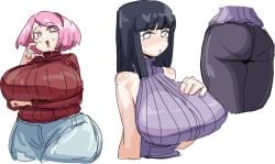 2girls aged_up ass_focus ass_shot bangs beauty_mark breast_rest breasts female female_only forehead_jewel forehead_mark hairband head_jewelry headband hyuuga_hinata jeans large_breasts leebong leebongchun long_hair mature mature_female milf mole mole_under_eye multiple_girls naruto pink_eyes pink_hair pink_lipstick purple_eyes purple_hair purple_sweater red_sweater sakura_haruno short_hair shoulderless_sweater shoulderless_topwear straight_hair sweater white_background