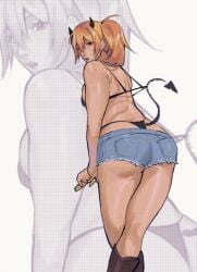 ass ass_focus asscheeks back_view bikini bikini_bottom_under_shorts bikini_top_pull bikini_under_shorts black_bikini blonde_female blonde_hair booty booty_shorts clothed cowboy_boots dat_ass devil_horns devil_tail dorohedoro female jean_shorts ksooupart legs light-skinned_female light_skin looking_back nikaidou_(dorohedoro) red_eyes thong thong_bikini