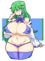 1girls ass ass_visible_through_thighs bikini blue_bikini blue_bow blue_ribbon blush blush_lines blushing bow breasts camel_toe cameltoe collar detached_sleeves female frog_hair_ornament frog_pin green_eyes green_hair hair hair_accessory hair_between_eyes hair_ornament hand_to_face large_breasts leebongchun long_hair looking_at_viewer overflowing_thighs ribbon sanae_kochiya sidelocks smile snake solo thick thick_ass thigh_squish thighhighs thighs touhou very_long_hair