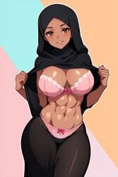 abs ai_generated big_breasts breasts brown_eyes cleavage dark-skinned_female dark_skin female flashing hijab hourglass_figure muslim muslim_female navel pink_bra pink_lingerie pink_panties simple_background slim_waist smile smiling_at_viewer solo solo_female thick_thighs undressing wide_hips
