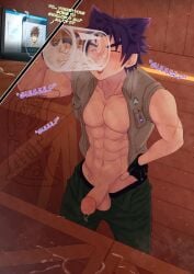 abs blush camp_buddy cum cum_in_glass cum_shot eeee_san excessive_cum full gay gloves keitaro_nagame muscles purple_hair smirk swallowing swallowing_cum yaoi yoichi_yukimura