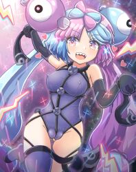 absurd_res black_gloves blue_hair bondage bound bow-shaped_hair cameltoe character_hair_ornament covered_nipples creatures_(company) elbow_gloves female game_freak gloves grey_pantyhose hair_ornament hexagon_print hi_res iono_(pokemon) multicolored_hair nintendo open_mouth pantyhose pink_hair pokemon pokemon_(game) pokemon_sv sharp_teeth silver_s_0119 smile teeth x