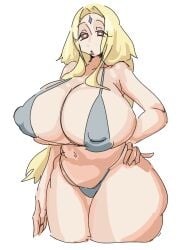 1girls bikini blonde_female blonde_hair breasts brown_eyes curvaceous curvy curvy_figure dark_lips dark_lipstick droopy_eyes female forehead_jewel forehead_mark grey_bikini hand_on_hip hi_res high_resolution highres large_breasts leebongchun long_hair mature mature_female naruto naruto_(series) nipple_bulge nipples nipples_visible_through_clothing plump solo thick thick_thighs tsunade voluptuous voluptuous_female white_background