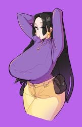 1girls arms_up bag big_breasts black_eyes black_hair boa_hancock bra bra_visible_through_clothes bralines breasts earrings eyeshadow female female_only fully_clothed grey_eyes large_breasts leebongchun long_sleeves necklace nipples one_piece portrait purple_eyeshadow purple_lips purple_lipstick purple_shirt purple_topwear purse shoulder_bag snake_earrings solo straight_hair turtleneck very_long_hair yellow_legwear yellow_pants