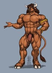 anthro armband balls big_balls big_muscles big_penis blue_eyes bovid bovine bracelet brown_body brown_fur brown_hair brown_nose cloven_hooves european_mythology flaccid foreskin fur genitals greek_mythology hair hand_on_hip hi_res hooves horn huge_muscles humanoid_genitalia humanoid_penis iason_avarta jewelry looking_aside male mammal minotaur muscular muscular_anthro mythology navel nipples nude penis pubes ser_halo smile solo solo_male standing tail tail_tuft teeth tuft vein veiny_penis