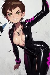 ai_generated ben_10 ben_tennyson bracelet brown_hair cleavage female_ben genderswap genderswap_(mtf) green_eyes hand_on_hip necklace omnitrix plunging_neckline rule_63 short_brown_hair short_hair small_breasts smirk unzipped wetsuit