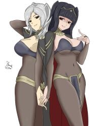 2girls alternate_costume blunt_bangs bodystocking breasts bridal_gauntlets female female_only fire_emblem fire_emblem_awakening haruka1556 nintendo robin_(fire_emblem) robin_(fire_emblem)_(female) tharja_(fire_emblem) tharja_(fire_emblem)_(cosplay)