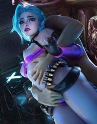 1boy 1girls 3d blue_hair braid breasts breasts_out fingerless_gloves foreplay gloves groping jinx_(league_of_legends) league_of_legends makeup purple_eyes purple_lipstick sevenbees shorts standing