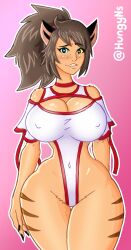 blush boob_window brown_hair cat_ears catgirl catra freckles heart-shaped_pupils heterochromia hourglass_figure huge_breasts hungy meme_clothing one_fang ponytail she-ra_and_the_princesses_of_power tiny_waist wide_hips