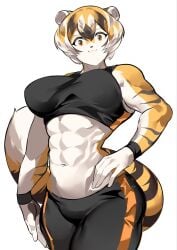 1girls abs big_breasts breasts female looking_at_viewer mei_xiang muscular muscular_female mx99926 oc original smile smiling solo solo_focus sports_bra sportswear striped striped_body striped_fur stripes tail thick_thighs wide_hips