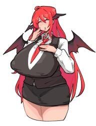 1girls ahoge bangs breasts closed_eyes collared_shirt devil_wings female hand_to_own_mouth huge_breasts koakuma large_breasts leebongchun long_hair nipples nipples_visible_through_clothing office_lady portrait red_hair red_tie secretary sidelocks succubus suit suit_vest tie touhou very_long_hair vest white_background wings wings_on_head