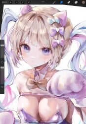ilung needy_girl_overdose chouzetsusaikawa_tenshi-chan highres procreate_(medium) 1girl animal_ears animal_hands blonde_hair blue_bow blue_eyes blue_hair blunt_bangs bow bowtie breasts brown_bow brown_bowtie closed_mouth detached_collar dot_nose fake_animal_ears gloves hair_bow hair_intakes hands_up large_breasts leotard light_blush long_hair multicolored_hair nervous_sweating paw_gloves pink_bow pink_hair portrait purple_bow purple_leotard simple_background solo strapless strapless_leotard sweat twintails white_background