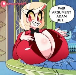 big_breasts black_lipstick blonde_hair blush_stickers breasts breasts_on_table charlie_morningstar cleavage fair_argument_but… hazbin_hotel huge_breasts large_breasts massive_breasts raydonxd red_pupils smile tagme yellow_sclera