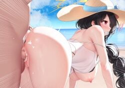 1boy absurd_res almost_nude ass beach black_hair blue_archive blush breasts censored cum cum_in_pussy cum_inside doggy_style eyebrows_visible_through_hair female gweda hat hi_res hinata_(blue_archive) hinata_(swimsuit)_(blue_archive) long_hair mosaic_censoring motion_lines public_sex red_eyes sex sex_on_the_beach shiny_skin sisterhood_(blue_archive) teeth trinity_general_school_student