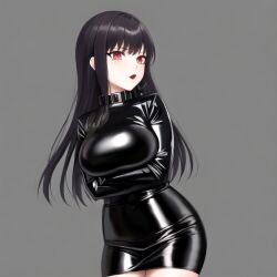 1girls ai_generated black_hair collar female latex latex_suit makeup red_eyes red_lipstick straitjacket