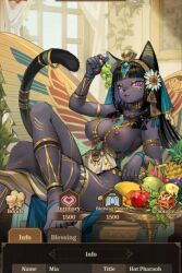 anthro black black_body black_fur black_hair black_nose breasts breasts_out cat_ears cat_girl cat_humanoid cat_tail catgirl catwoman chains egyptian egyptian_female egyptian_mythology feline fruit fruit_bat furry hot_pharaoh isekai_slow_life pawpads pawprint pharaoh purple_eyes screenshot screenshot_edit solo_anthro