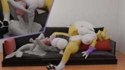 3d ball_worship ballsack blender blender_(software) blender_cycles cock_worship crossover cum digimon digimon_(species) female futa_mommy_renamon futa_on_female futanari grey_body horsecock horsecock_futanari lunastrum pokemon pokemon_(species) renamon ribboncatliker self_upload sintronic size_difference vaporeon