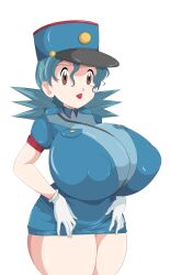 big_breasts big_nipples clothed female female_only huge_breasts nipples_visible_through_clothing officer_jenny_(pokemon) pokemon policewoman red_lipstick toshiso white_gloves