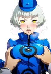 ai_generated artist_request blush bob_cut breast_grab breast_squeeze breast_squish choku_to-san_no_kyonyū elizabeth_(persona) embarrassed embarrassed_female grey_hair hat horny horny_female jacket looking_down makoto_yuki medium_breasts persona persona_3 short_hair teenager white_hair yellow_eyes