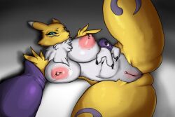 anthro bandai_namco big_breasts black_sclera blue_eyes breasts canid canine digimon digimon_(species) female fur genitals hi_res mammal neck_tuft nipple_piercing nipplepiercin6 nipples nude piercing pussy renamon simple_background solo tuft white_body white_fur yellow_body yellow_fur