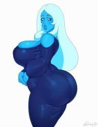 1girls bedroom_eyes big_ass blue_body blue_diamond_(steven_universe) blue_dress blue_eyes blue_hair blue_skin breasts cartoon_network curvy diamond_authority gem_(species) huge_breasts large_ass large_breasts long_hair looking_back milf plump_lips rocner side_view steven_universe thick_thighs voluptuous white_background wide_hips