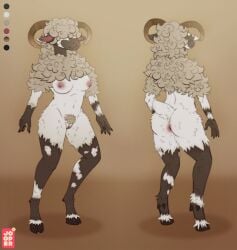 anthro anus ass bovid breasts caprine chest_tuft covered_eyes curled_hair ewe female fur genitals hair hi_res hooves horn jooper mammal medium_breasts model_sheet nipples nude pubes pussy rear_view sheep short_tail solo tail tuft unguligrade wool_(fur)