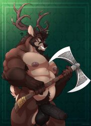 abs anthro antlers areola axe balls barazoku beard big_muscles big_pecs black_balls black_beard black_facial_hair black_penis blue_eyes deer erection facial_hair genitals hi_res holding_axe holding_object holding_weapon horn humanoid_genitalia humanoid_hands humanoid_penis male mammal manly muscular muscular_anthro muscular_arms muscular_legs muscular_male muscular_thighs narram nipples nude pecs penis pubes smile solo solo_focus tail thick_arms thick_penis thick_thighs weapon