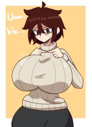 1girls alissa_(full_comfort) big_breasts blush_lines blushing_at_viewer bouncing_breasts breasts brown_hair female full_comfort huge_breasts looking_at_viewer nervous oc original_character short_hair shy standing sweater tagme