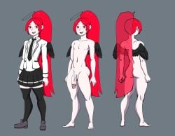 abby_angel_(marisfaraway) angel ass black_halo black_wings character_sheet cock darkeros13 fallen_angel femboy long_socks male naked penis red_eyes red_hair reference_sheet school_uniform schoolgirl_uniform skirt smile thighhighs trap very_long_hair