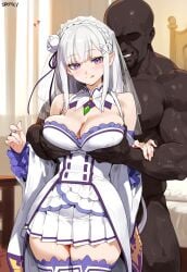 1boy 1boy1girl 1girls ai_generated bed bedroom big_breasts blush breast_grab breasts clothed_female clothed_female_nude_male dark-skinned_male emilia_(re:zero) female grabbing_breasts grin imminent_oral imminent_penetration imminent_sex indoors interracial licking_lips looking_at_viewer male muscular muscular_male nude_male purple_eyes re:zero_kara_hajimeru_isekai_seikatsu standing straight truck_kun veil white_hair