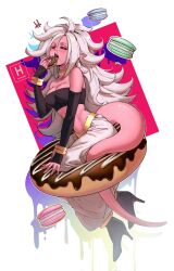 1girls android_21 android_21_(evil) artist_signature cleavage donut dragon_ball dragon_ball_fighterz dragon_ball_super dragon_ball_z eating high_heels hydedrogen macaron majin_android_21 pink_body pink_skin pointy_ears red_eyes tail tubetop white_hair