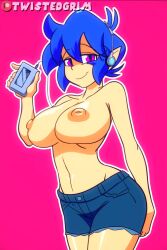 1girls 2018 2d 2d_animation :) animated artist_name big_breasts blue_hair bottomwear breasts brown_nipples cassette_player casual casual_nudity clothing dancing edit electronics emi emi_(character) emi_(twistedgrim) female female_only headphones huge_breasts looking_at_viewer media_player mp3_player music_player nipples original pale_skin pink_eyes seductive short_hair simple_background smile solo solo_female tagme topless twistedgrim