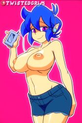 1girls 2018 2d 2d_animation :) animated artist_name big_breasts blue_hair bottomwear breasts brown_nipples cassette_player casual casual_nudity clothing dancing edit electronics emi emi_(character) emi_(twistedgrim) female female_focus female_only headphones huge_breasts looking_at_viewer media_player mp3_player music_player nipples original original_character pale_skin pink_eyes seductive short_hair simple_background smile solo solo_female topless twistedgrim