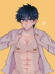 abs areola_slip areolae bandaids_on_nipples black_hair blue_eyes blush covered_nipples embarrassed gintama hijikata_toshiro humiliation hzkttusru looking_at_viewer male male_only open_shirt presenting solo sweat sweatdrop toned toned_male undressing yellow_background