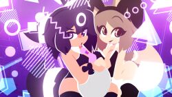 2girls animal_ears black_hair brown_hair brown_tail bunny_ears bunnysuit cathie_(rivergravidade) color colored cuffs eyelashes female female_focus female_only geometric_background girl glowing_markings happy light-skinned_female looking_at_viewer necktie oc orange_eyes original_character plate purple_eyes rivergravidade short_hair smile smiling smiling_at_viewer striped striped_body striped_fur striped_tail stripes tagme tail thigh_highs thighhighs tie