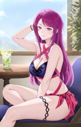 1girls absurdres alternate_costume bikini blue_bikini blue_swimsuit blush breasts female female_only fire_emblem fire_emblem_engage foxie30 highres ivy_(fire_emblem) long_hair looking_at_viewer nintendo purple_eyes purple_hair sarong smile solo swimsuit very_long_hair