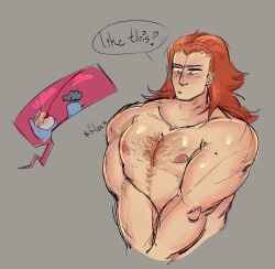 2boys bara breast_s breast_squeeze chest_hair freckles freckles_on_face gay heart hunter_the_parenting kitten_(htp) limebeatzafterdark marckus_(htp) muscular_male nose_bleed red_hair thumbs_up